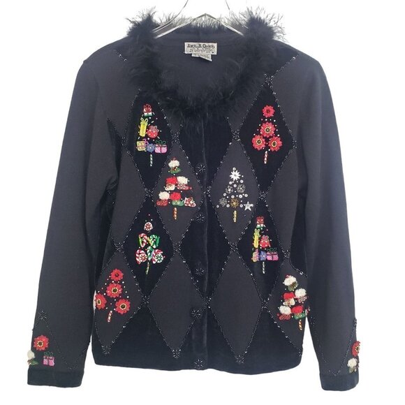Jack B Quick Embellished Holiday Cardigan Sequins Beaded Faux Fur Womens Large - Picture 1 of 13